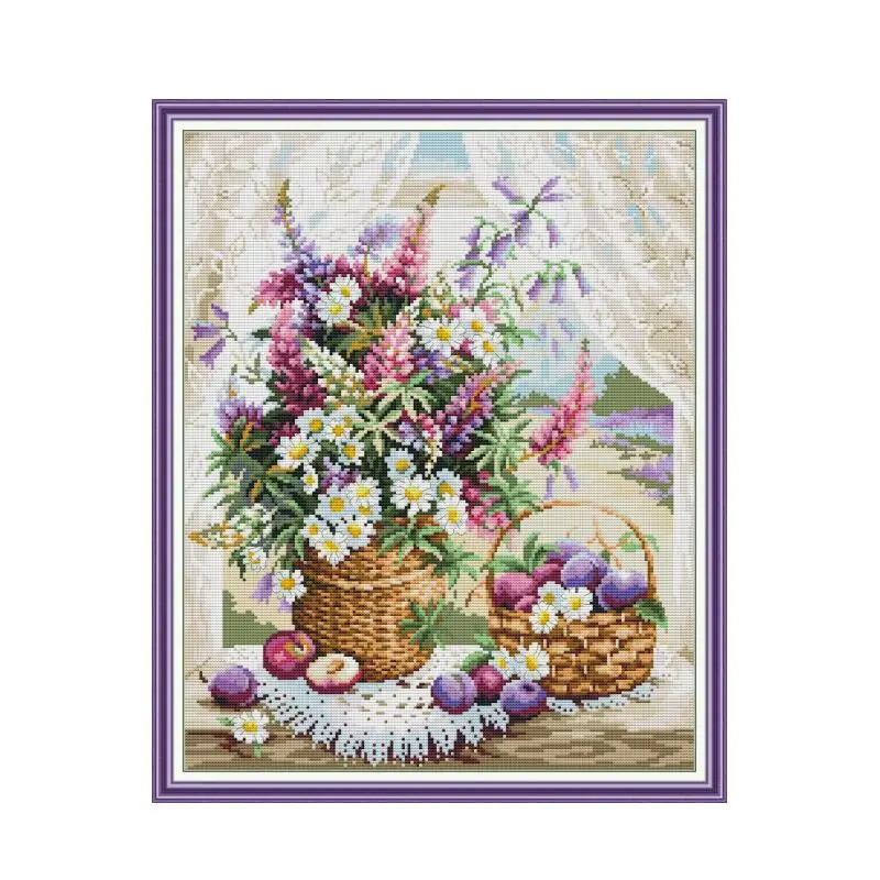 

Window sill flower basket cross stitch kit aida 14ct 11ct count printed canvas stitches embroidery DIY handmade needlework