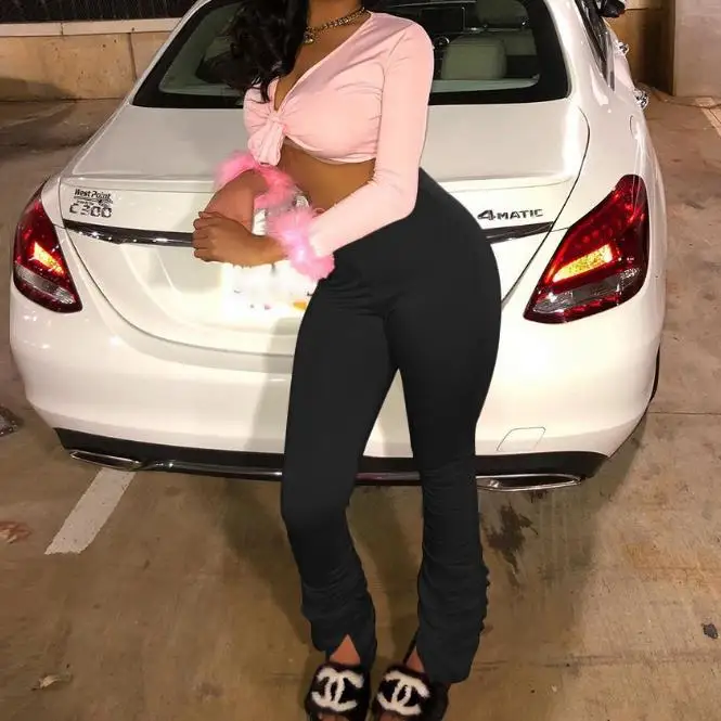 

Women Solid Color Slit Trousers Fashion Gathered Boot-cut Pants with Drawstring Casual Style Clothes