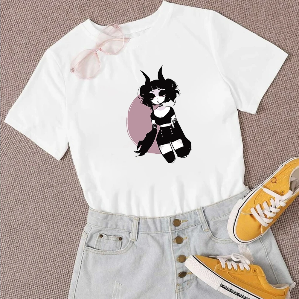 

Exquisite Cartoon Women T-shirt The Angels Protect Me The Demons Respect Me Women White T Shirts ROUPAS EGIRL Summer Top