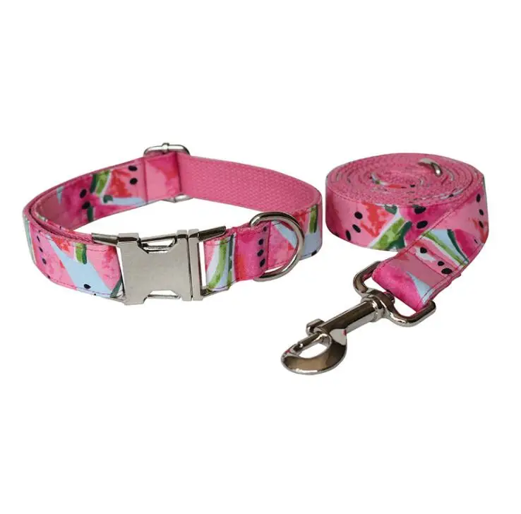 

Watermelon Pink Cotton Fabric Dog Collar and Leash Set with Bow Tie for Big and Small Dog Rose Gold Metal Buckle Pet Accessories