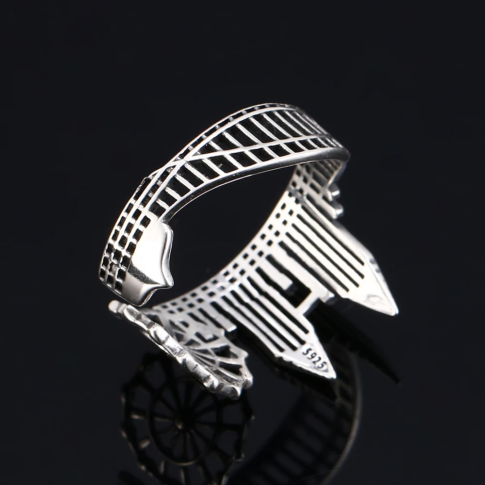 

FCGJHW 925 sterling silver retro world travel souvenir twin towers adjustable open ring new hot sale as a gift wholesale