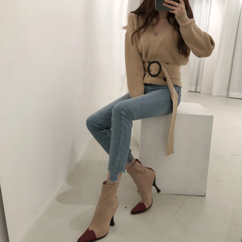 Осенне-зимний шикарный кардиган свитер 2019 корейский стиль Женский v-образный