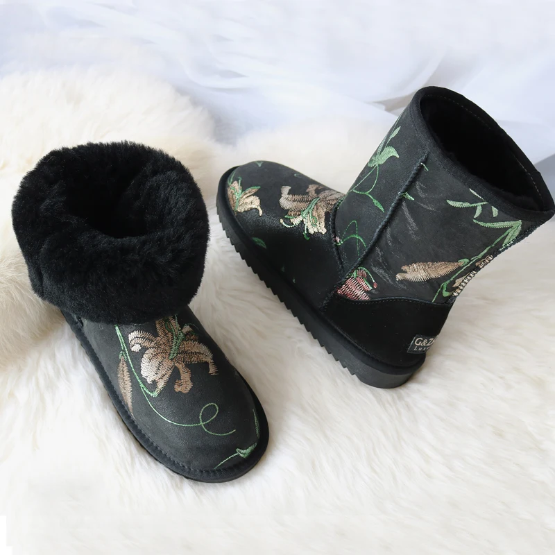 Женские зимние сапоги из овечьей шерсти G & Zaco черные до середины икры с вышивкой и