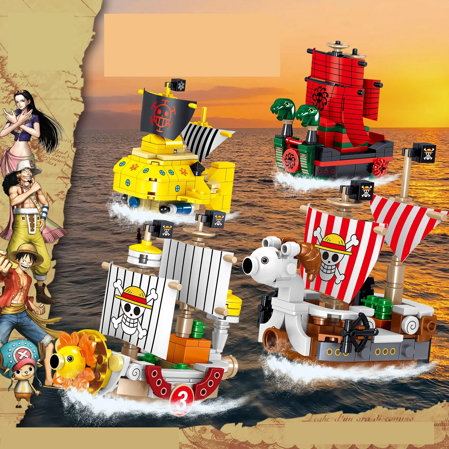 

4 Style One Piece Anime Character Cartoon Ship Model Assembled Building Blocks Action Figure Doll Child Toy Christmas Gift