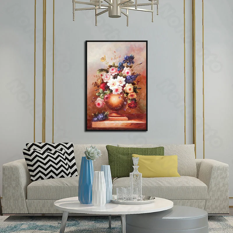 

European Style Canvas Painting Wall Posters Vases In Ancient Court Decoratives with Colorful Flowers for Home Rooms Wall Decora