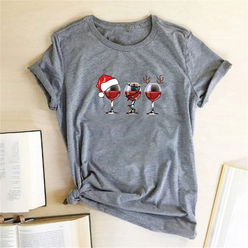 

Wine Glass Printed Short T Shirt Women Christmas Pattern O-neck Short Sleeve T-shirt Ropa De Mujer Casual Ladies Clothes Camiset