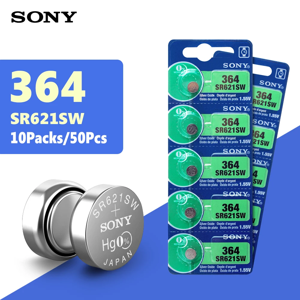 

Sony 50pcs 100% 1.55V 364 SR621SW V364 SR60 SR621 AG1 Watch Battery Button Coin Cell Batteries Single Use for Remote Control