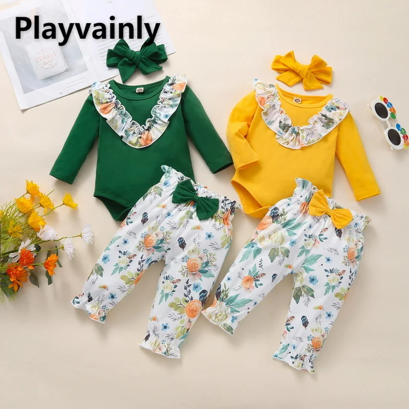 2021 New Autumn Baby Girls Bodysuit 3-pcs Sets Long Sleeves Round Collar Jumpsuit+Print Pants+Headwear Infant Clothes E2783