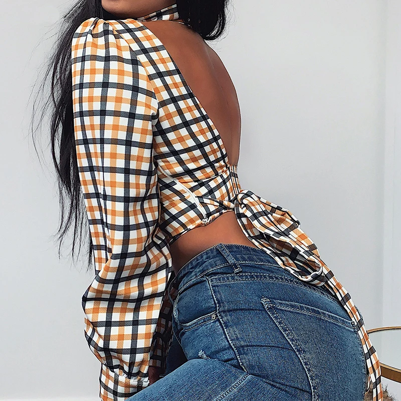 2020 Fashion Sexy Turtleneck Plaid Printed Hollow Out Backless Bandage Long Sleeve Women Crop Tops and Shirt |