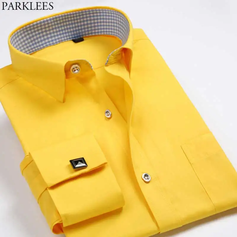 

Желтая рубашка с французскими манжетами для мужчин, новинка 2021, приталенная Мужская рубашка с длинным рукавом, французские запонки, Мужская...