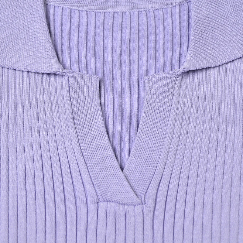 

Abrini Knitted T-Shirts Women V-Neck Turn-Dwon Collar Solid Long Sleeve Slim Elastic Casual T-shirts 2021 Fall All-mattch Top