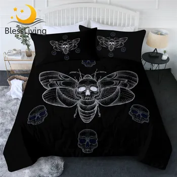 BlessLiving Moth Summer Quilt Set 3D Skull Gothic Air-conditioning Comforter Black White Bedding Throw Spot Thin Duvet Set 3pcs 1