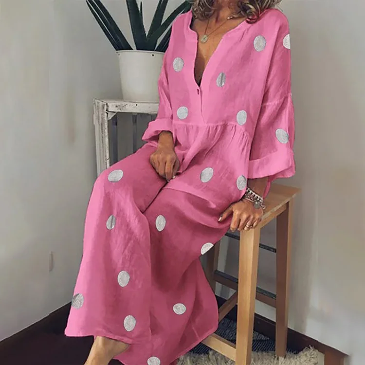 

2021 Spring Autumn Polka Dot Women Dress Print Long Sleeve Boho Dress Sexy V Neck Party Dress Plus Size Long COTTON Dress