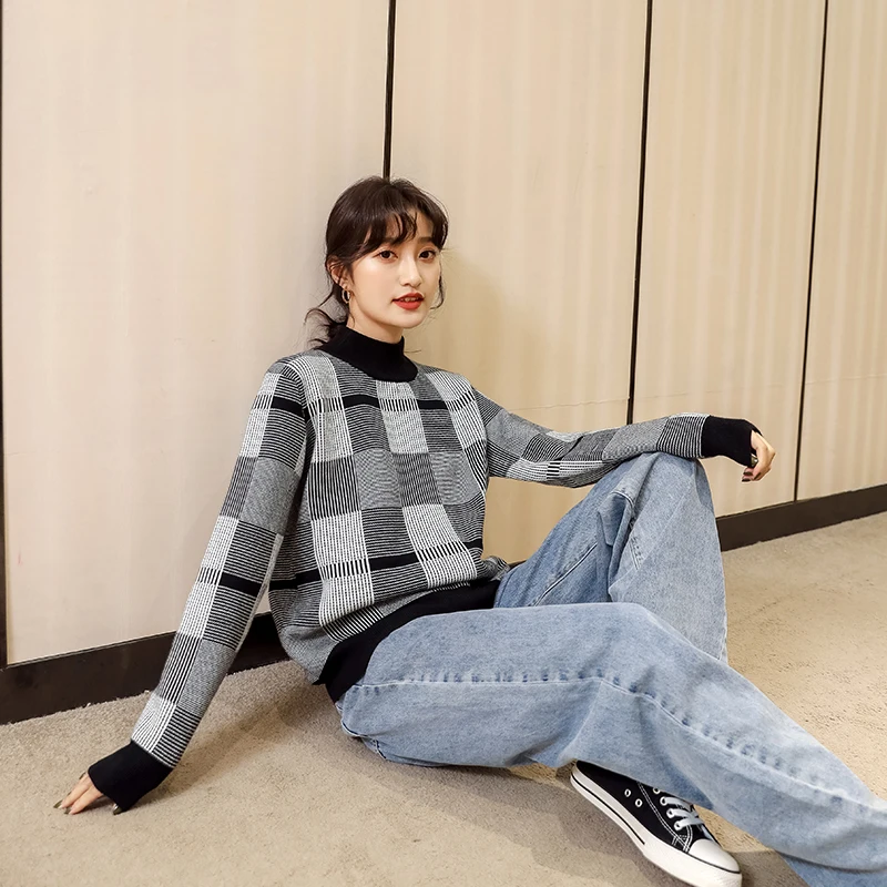 

2020 New Women Plaid Sweater Autumn Winter Warm Long Sleeve Pullover Casual O-neck Knitted Tops Ladies Patchwork Korean Jumpers