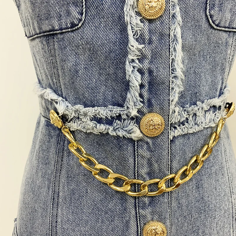 

High quality 2020 summer new fashion denim hanging neck sleeveless button chain decoration fringed edge slim woman short dress