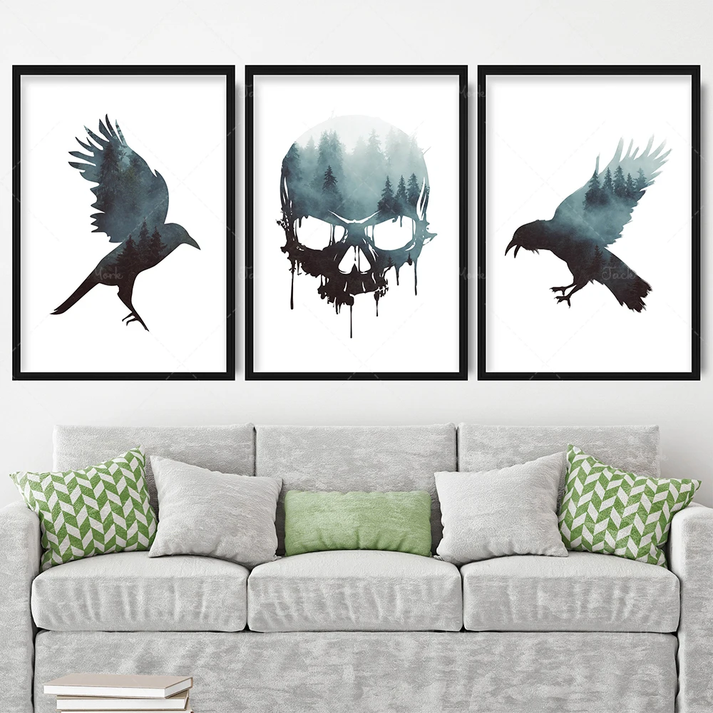 

Prints Forest Fog Raven Skull Woodland Art Print Nordic Wildlife Bird Gallery Wall Poster Decor Gift