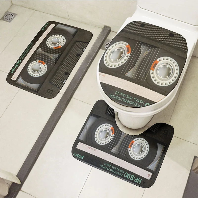 bathroom non slip mat toilet cover set cassette music tape retro shower room flannel carpet bath entrance waterproof door mat free global shipping