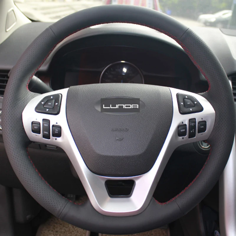 Кожаный чехол LUNDA для руля автомобиля прошитый вручную Ford Edge 2011 2014 Explorer 2016 Taurus 2012