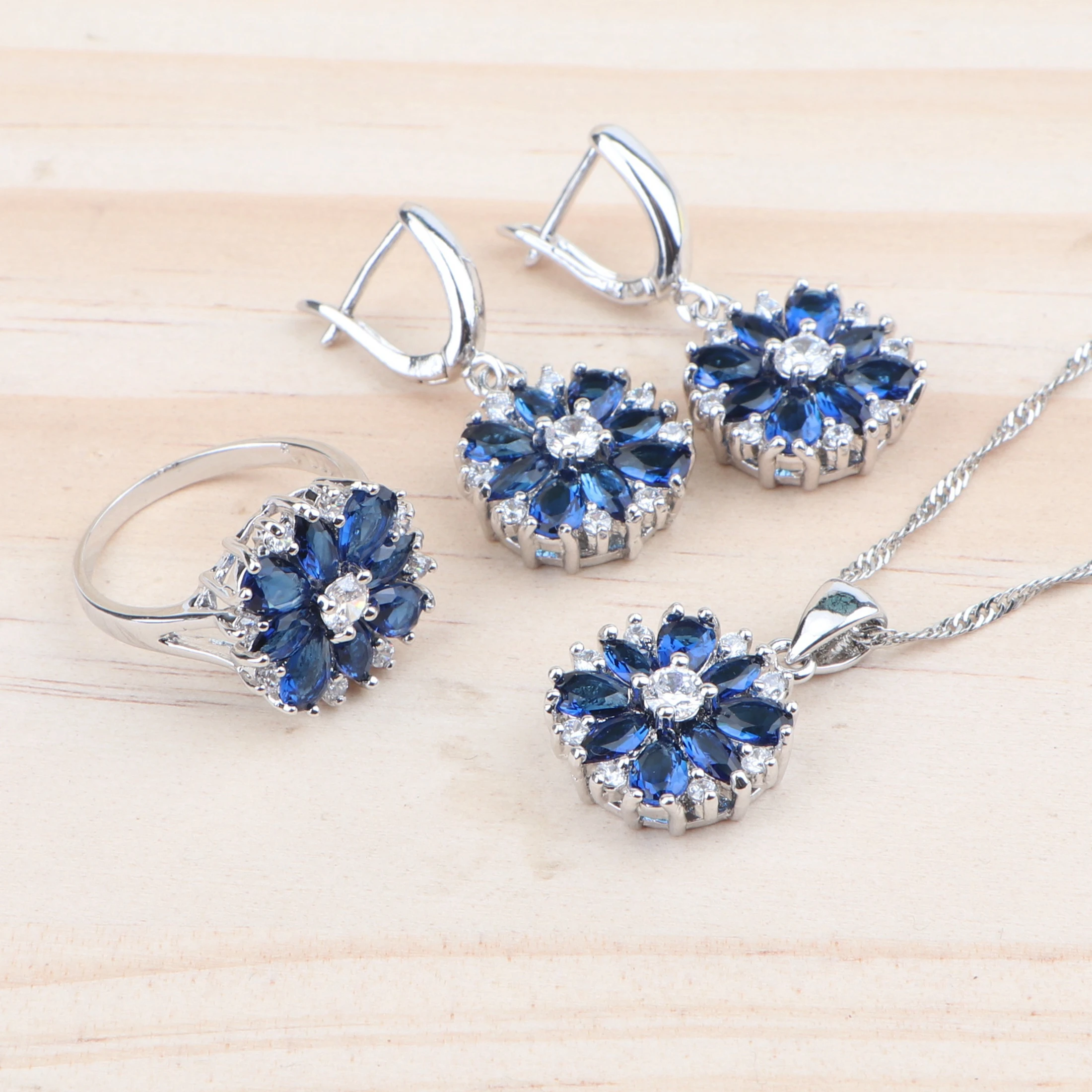 Набор украшений с синим цирконием для женщин костюм свадебные ювелирные изделия