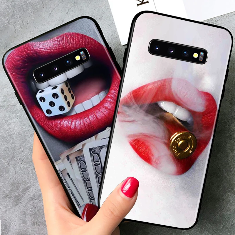 Black TPU Soft Cover Beauty Red Lips for Samsung Galaxy S20 Ultra S10 S10e FE 5G S9 S8 S7 S6 Edge Plus Lite Phone Case