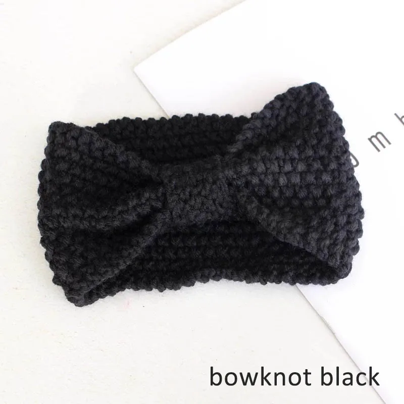 bowknot black Женская повязка на голову, зимняя теплая вязаная повязка на голову с ушками, вязаная повязка на голову с бантом, широкая растягивающаяся повязка на голову, широкий тюрбан, повязка на голову для девочек - Цвет: bowknot black