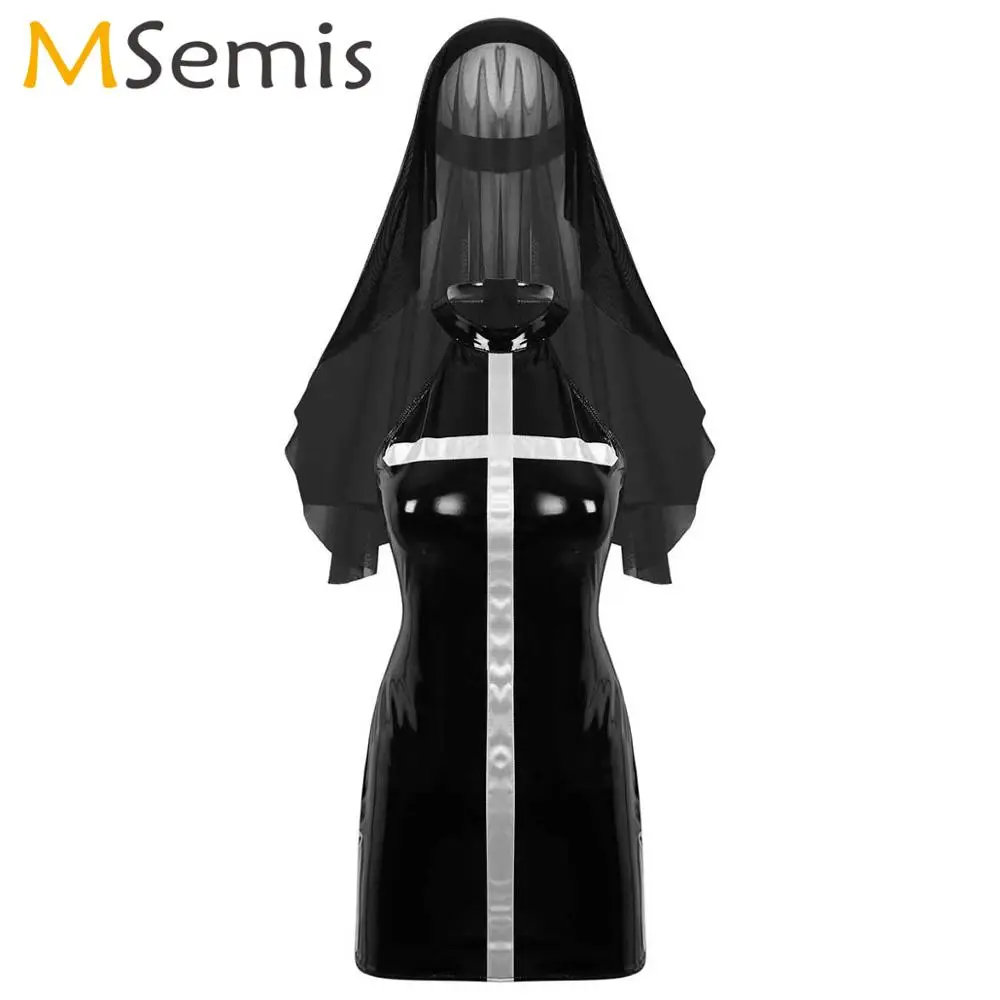 Женский фантазия Нун свящник косплей эротический Wetlook кожаное облегающее