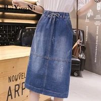 beiyingni vintage denim skirt drawstring high elastic waist pockets streetwear midi jeans skirts women oversized split bottoms