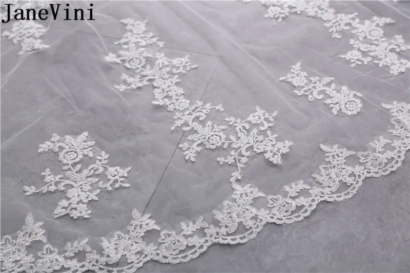 JaneVini 2 слоя собора Длинная свадебная фата белая кружевная кромка Аппликация
