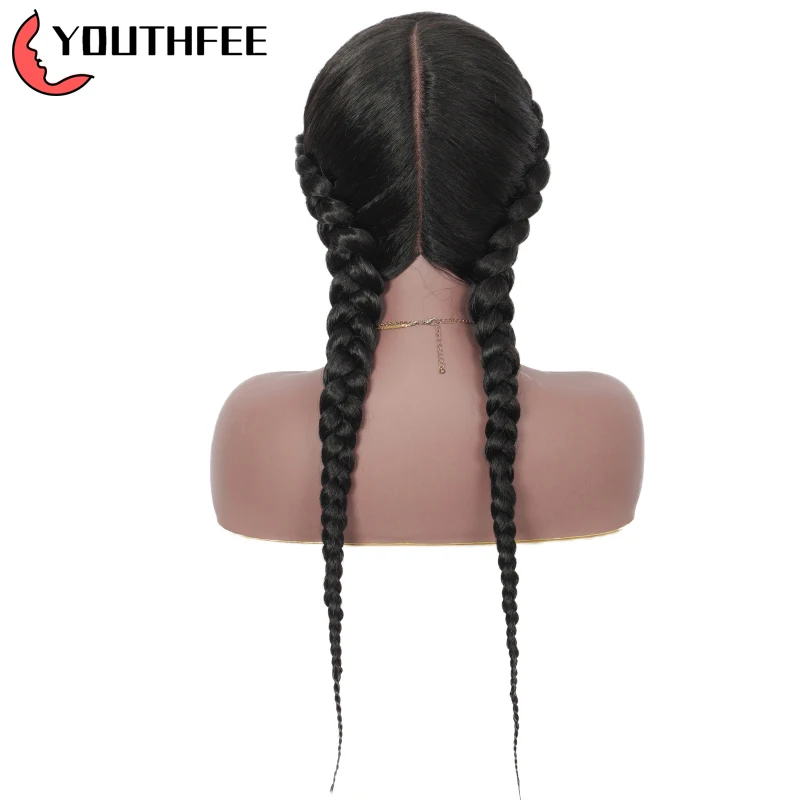 

Youthfee 24 Inches swiss lace front dutch twins braided wigs with baby hair for black women knotted box braided synthetic wig