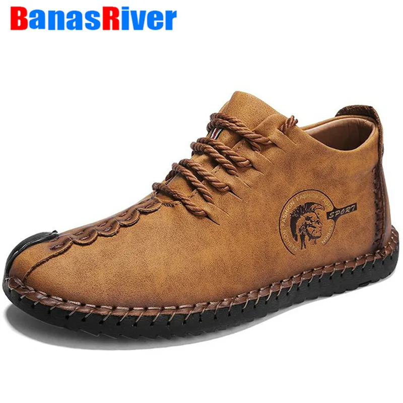 Мужские дышащие кожаные ботильоны ручной работы на шнуровке|Мотоциклетные