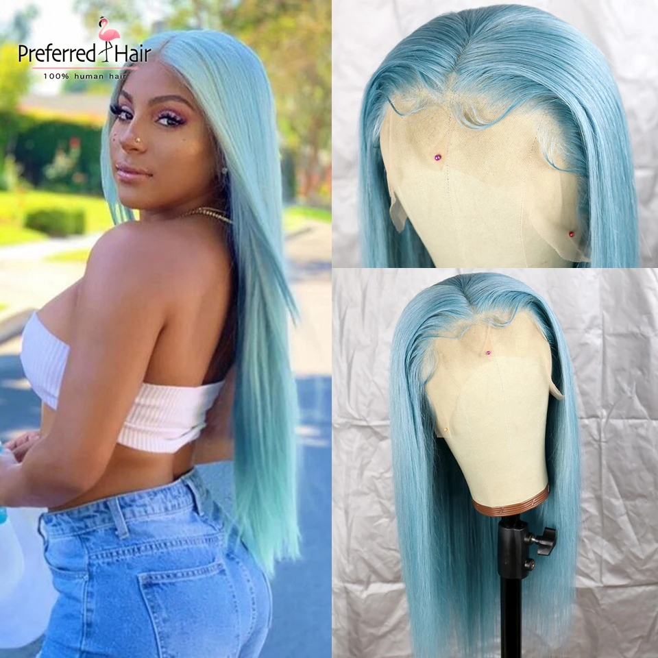 

Предпочтительный светильник-голубой розовый парик из человеческих волос с детскими волосами, прямой передний парик на сетке, бразильские п...