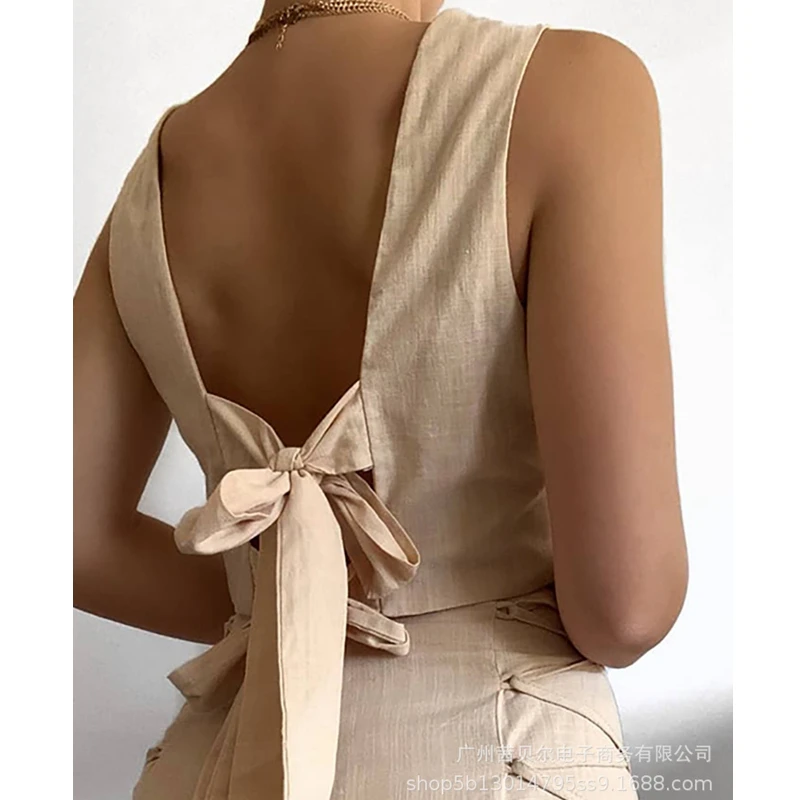

Mandylandy Sexy O-Neck Sleeveless Backless Lace-up Vest + High Waist Bandage Straight Shorts Suit Women's Solid Color Loose Suit