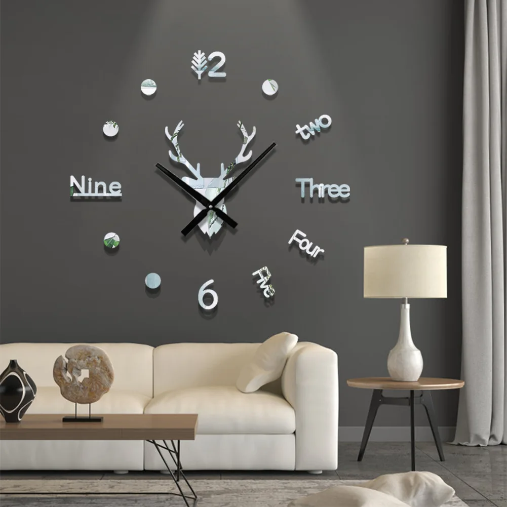 

3D ELK Creative DIY Stickers Wall Clock Modern Design Quartz Watch Silent Acrylic Mirror for Indoor Cafe Christmas Decoration