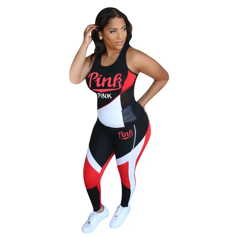 

Letter Striped Spliced Two Piece Sweat Suit Summer Tracksuit O Neck Sleeveless Tank Top Skinny Legging Lounge Wear Club Outfits
