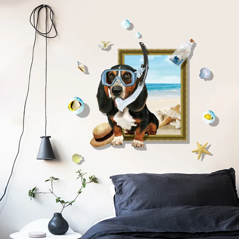 

New 3D Puppy Holiday Beach Living Room Children's Room Bedroom Removable Decorative Waterproof Wall Stickers