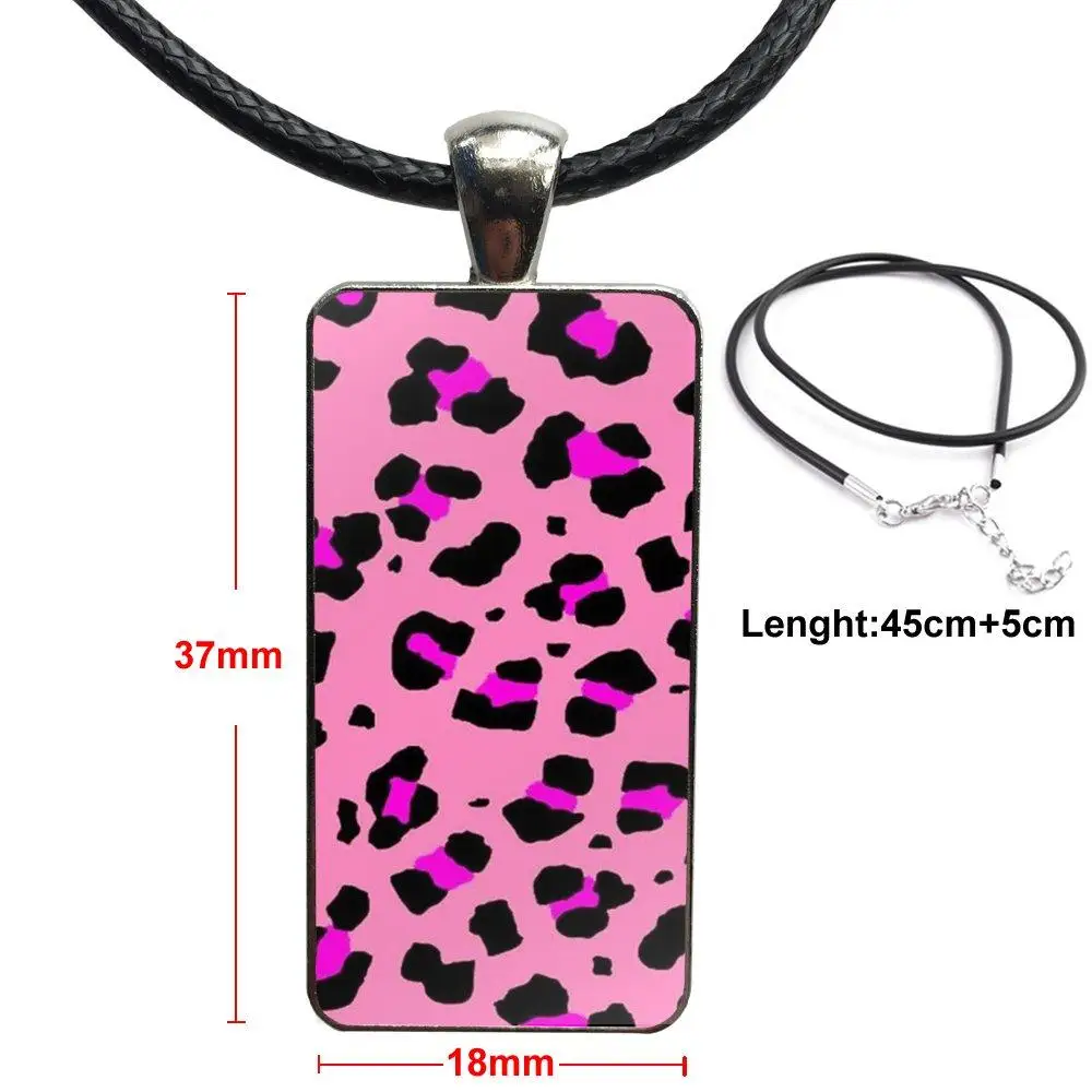 

Black And Pink Leopard For Women Men Fashion Glass Cabochon Pendant Necklace Women Steel Color Choker Rectangle Necklace