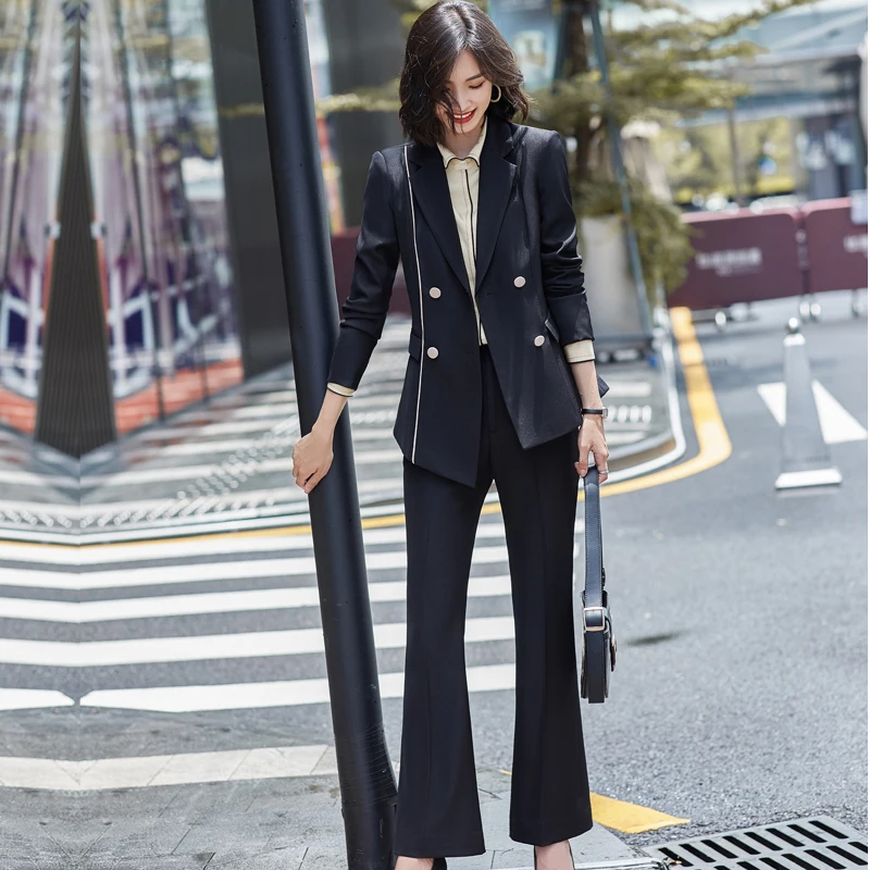 

2 Piece Set Women Suit Blazer And Pants Autumn 2021 Casual Black Oversize Blazer High-Waisted Flare Pants Slim Office Pant Suit