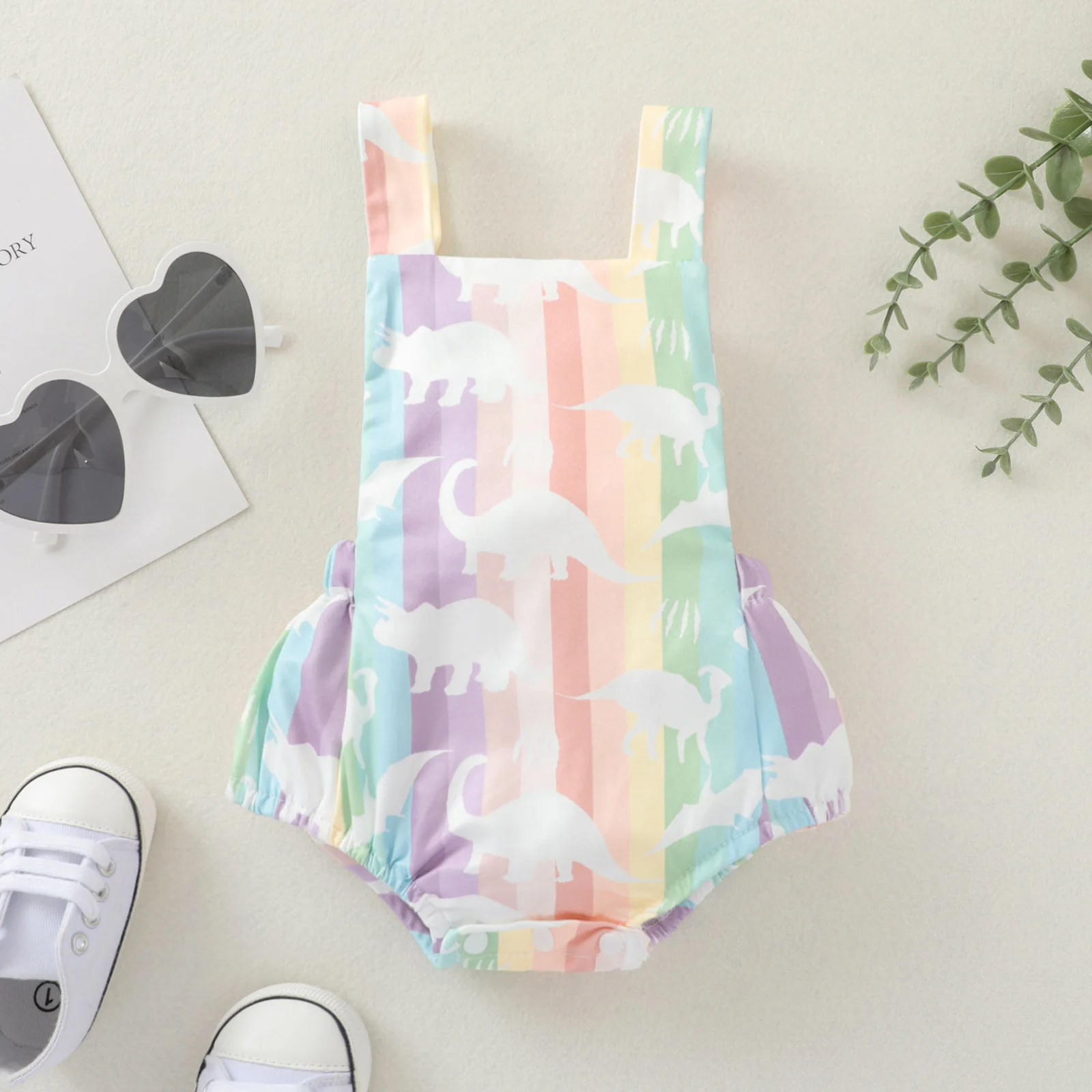 

Summer Baby Dinosaur Rainbow Stripe Print Short Bodysuit Sleeveless Square Collar Backless Sling Jumpsuit
