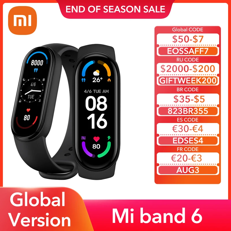  Умный Браслет Xiaomi Mi Band 6, водонепроницаемый фитнес-трекер с экраном AMOLED 1,56 дюйма, Bluetooth, 5 атм 