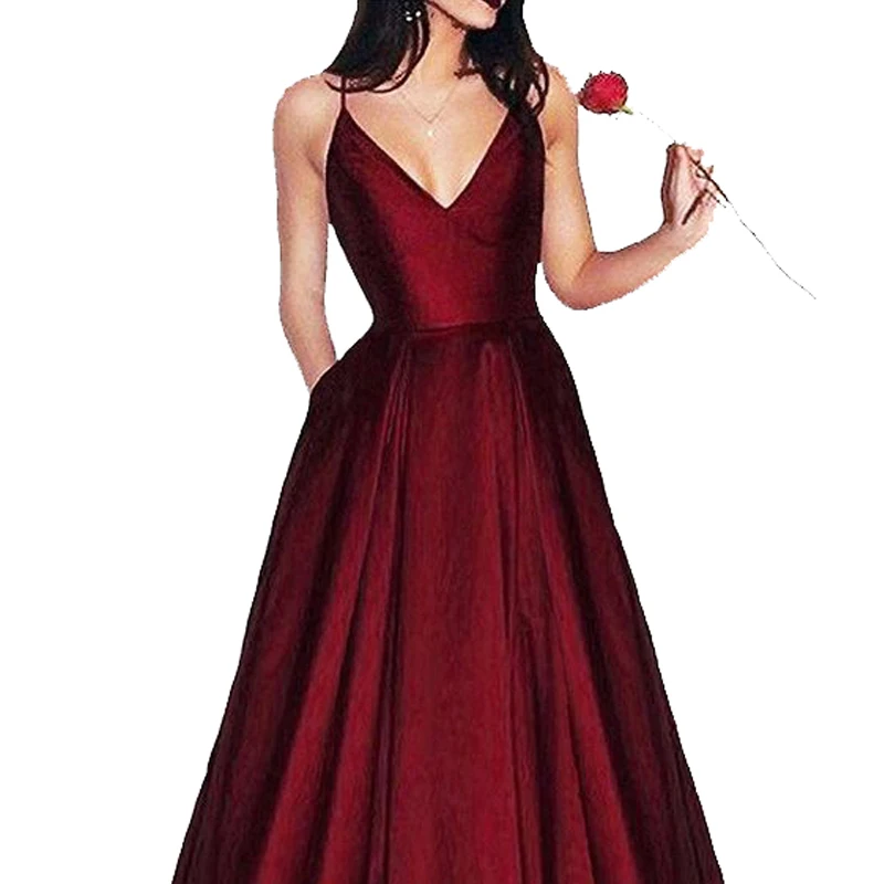 Женское длинное вечернее платье Бордовое трапециевидной формы с V-образным
