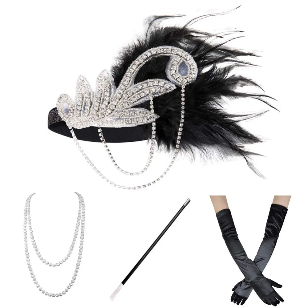 1920s костюм девушки-флаппера Gatsby аксессуары набор для женщин Ревущие 20 ободок с сережками ожерелье перчатки сигарета держатель золото, вино