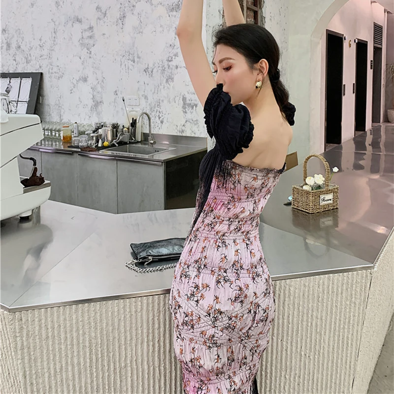 

XIZIHUPAN Vintage Print Dress For Women Square Collar Short Sleeve High Waist Ruched Midi Dresses Female Summer Fashion 2021 New