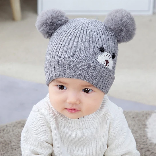 Gray Новая Милая шапка для новорожденных с медведем, зимняя хлопковая шапка для девочки, мягкая теплая вязаная шапка-шапочки для малышей, шапка с рисунком для детей 3-18 месяцев - Цвет: Gray