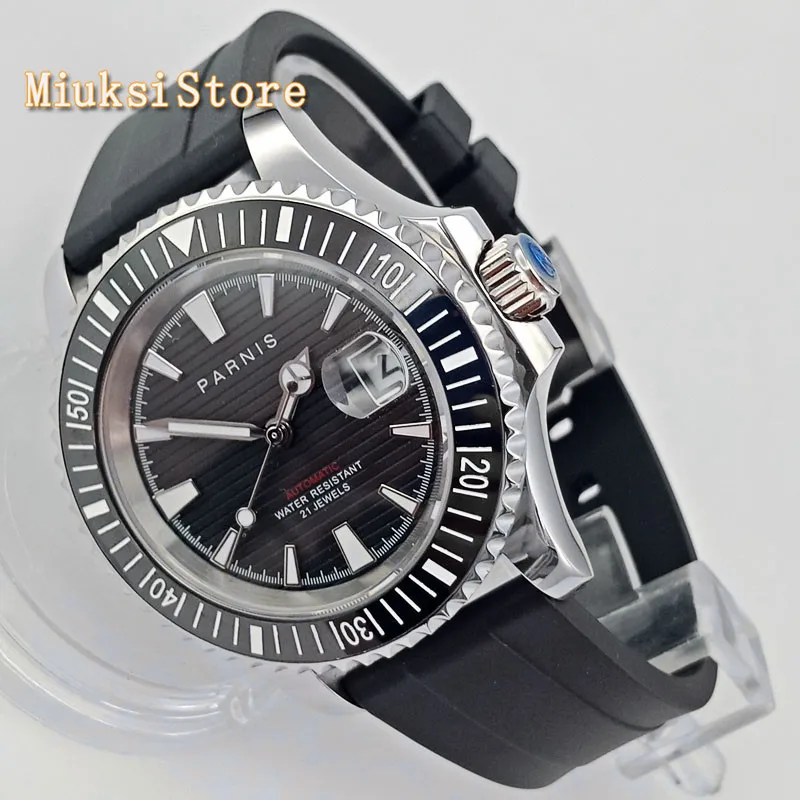 Мужские деловые часы Parnis 41 мм сапфировое стекло Керамическая рамка черный цвет