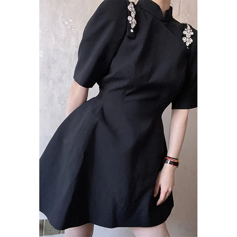 

French design short waist dress 2021 summer women clothing Regular Vintage Turtleneck Cotton Spring Polyester