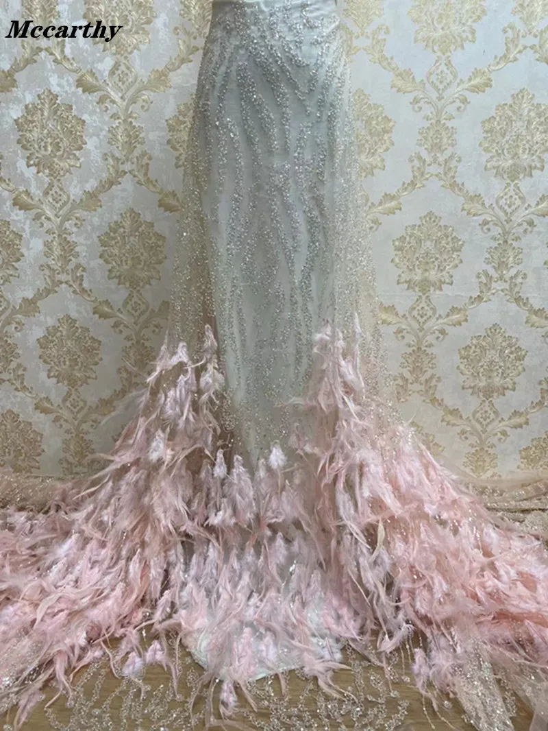 

high quality fashion embroidery african handmade beaded lace fabric with sequins and feather 5 yards/piece french net laces