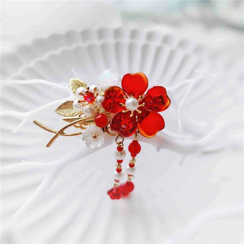 1 пара заколки для волос с кисточкой в стиле ретро красными цветами девочек