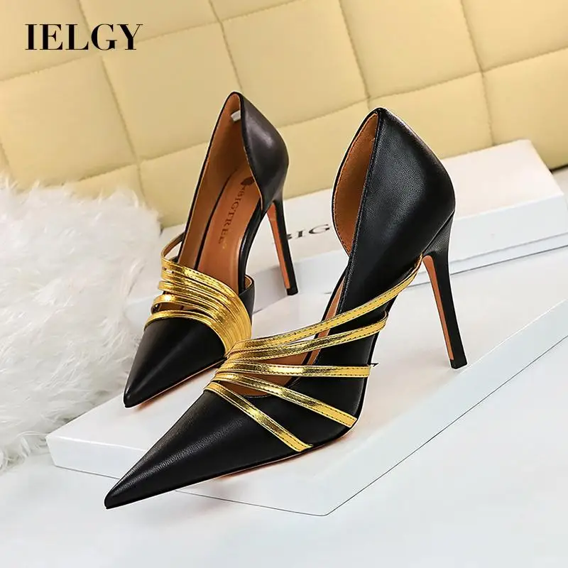 

IELGY fashionable slim high-heeled shoes with color matching side hollow