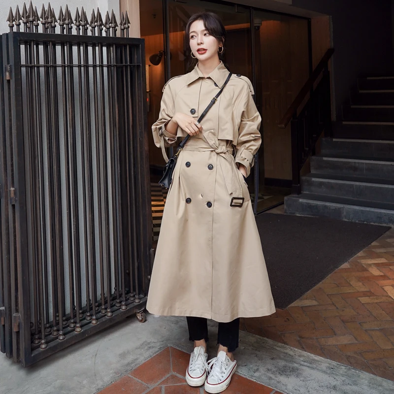 

Brand New Classic Khaki Trench Coat Women Double-Breasted Long with Belt Spring Autumn Lady Duster Coat Female Outerwear Quality