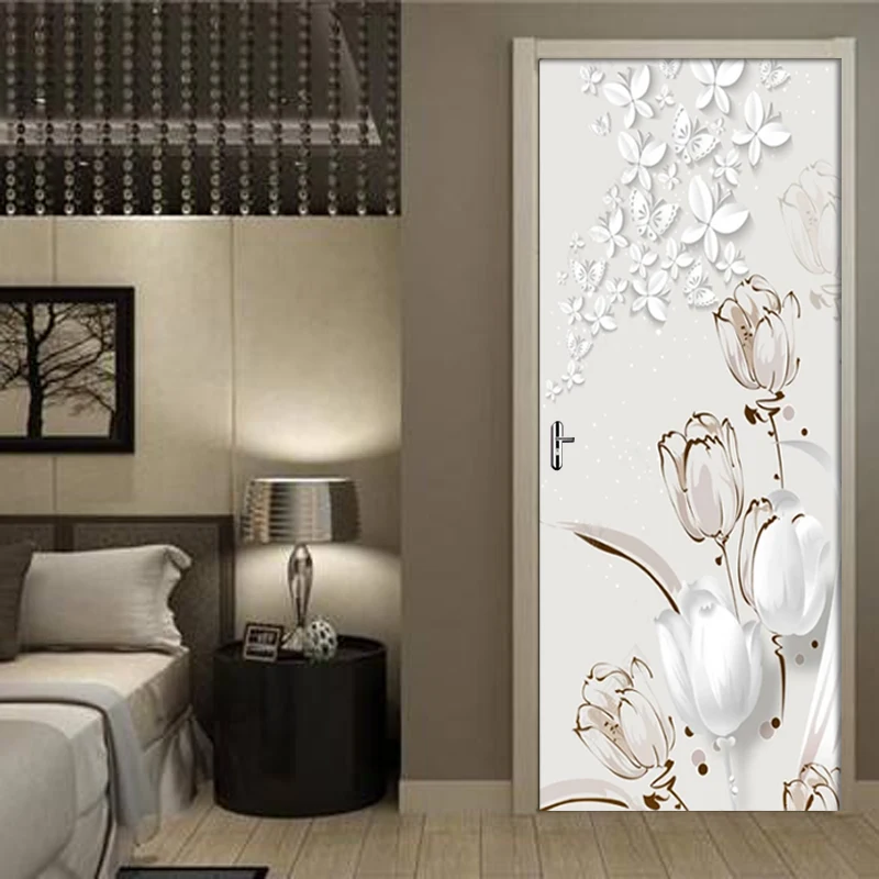 

PVC Self-Adhesive Waterproof Door Wall Sticker 3D Tulip Stereo Butterfly Wallpaper 3D Door Mural Living Room Study Home Decor